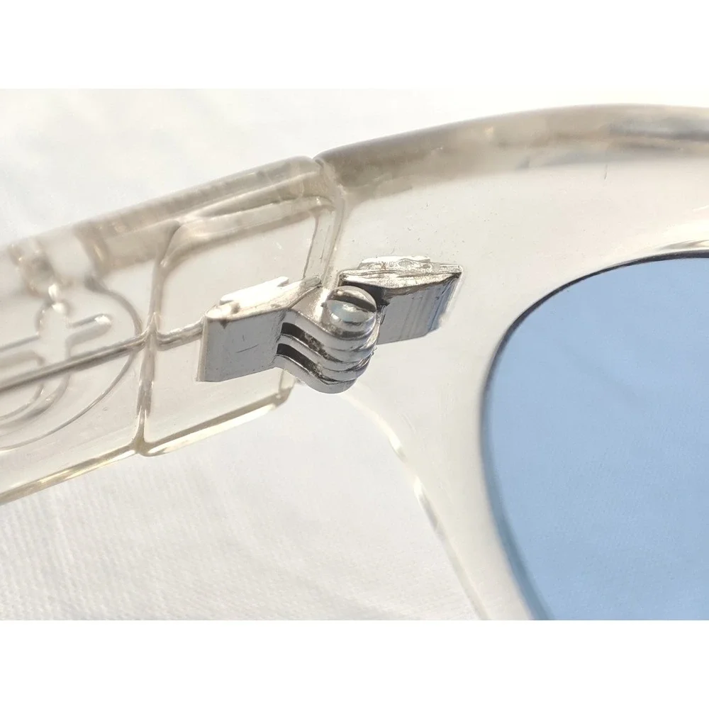 Colossus Oversized Round Sunglasses Clear Crystal Frame Blue Lenses VTG Style